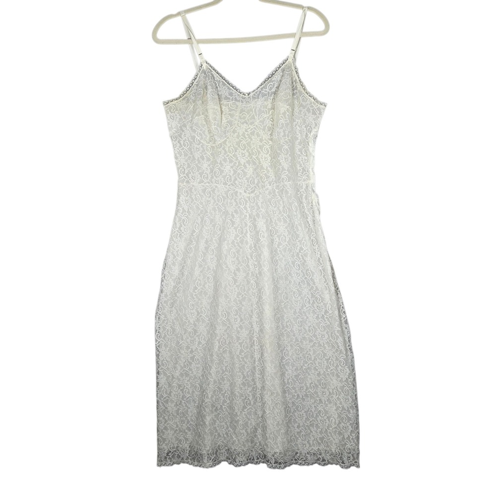 Vintage 50s Laros Cream Lace Full Slip Dress Womens S Sheer USA Made Nightgown